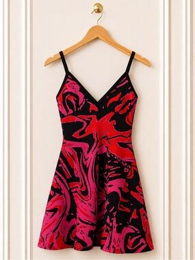 Akira Abstract Knit Mini Dress Size Small Pink Black Fit and Flare Y2K